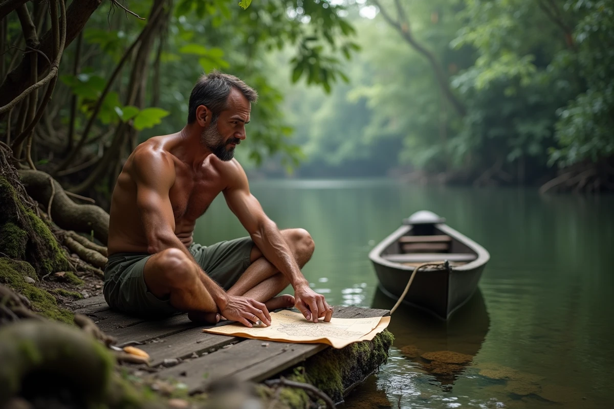 Explorateur étudiant une carte au bord d'une rivière tropicale, illustrant la quête du sens de l'aventure