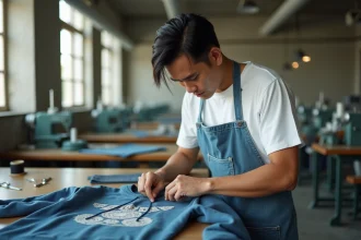 Ouvrier textile inspectant un hoodie Stüssy dans une usine de fabrication de vêtements