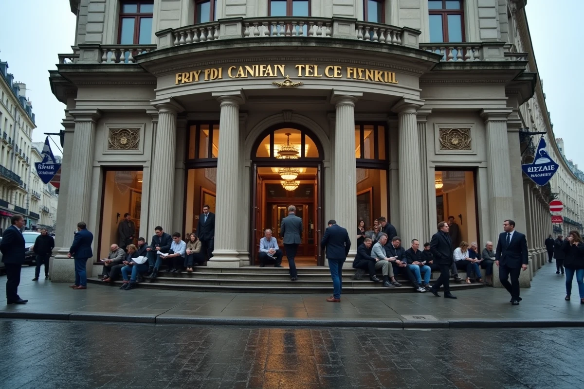 Façade d'une grande banque française à Paris avec des personnes lisant des journaux financiers sur les marches lors d'une crise bancaire