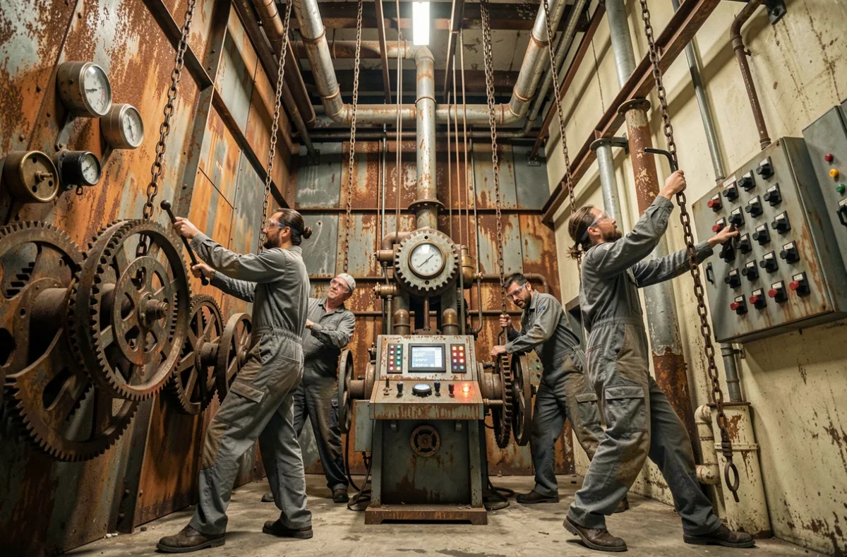 Joueurs en combinaison d'ouvrier manipulant des mécanismes industriels dans le décor d'usine steampunk de Factory O'Clock Brest