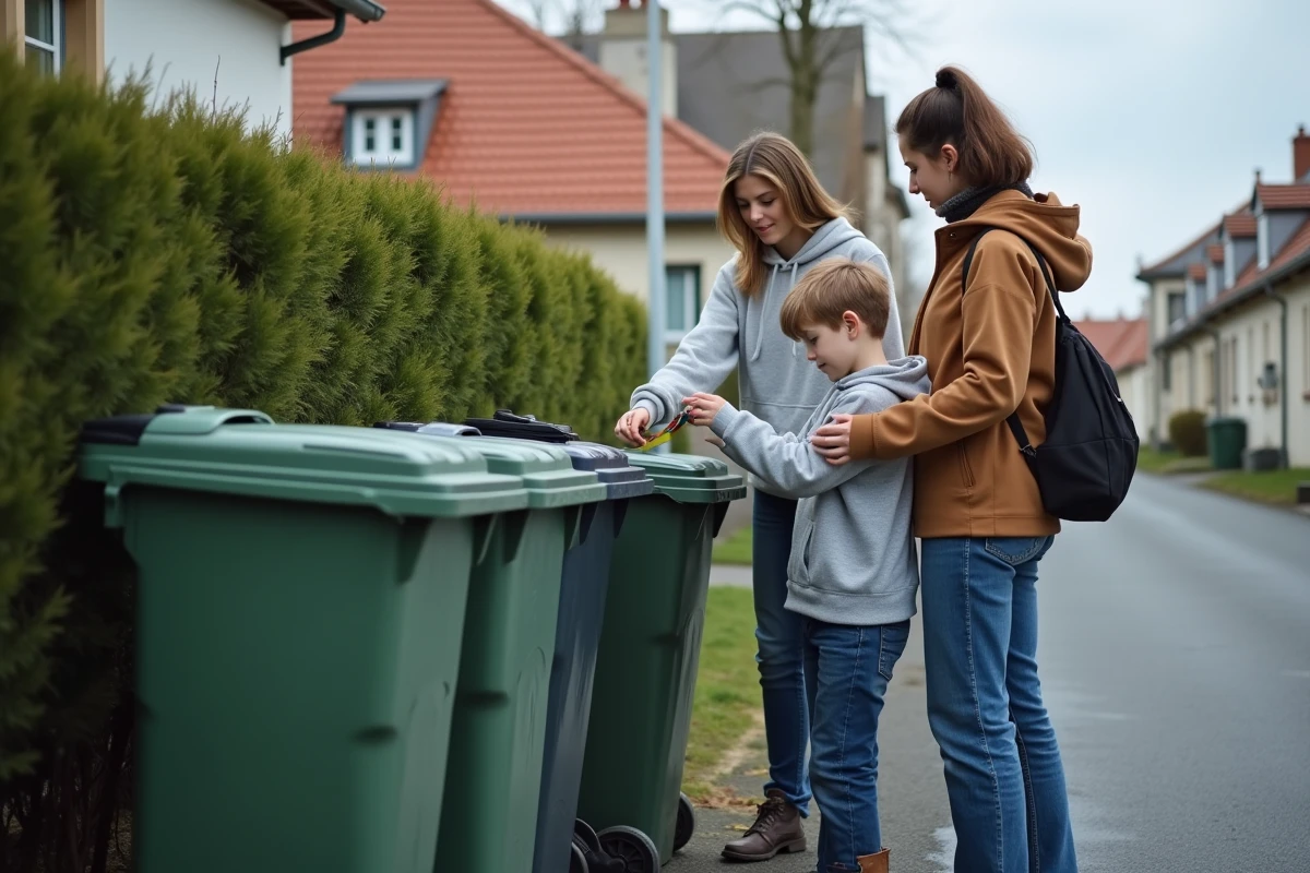 Famille triant leurs déchets dans des poubelles municipales devant une maison en banlieue française