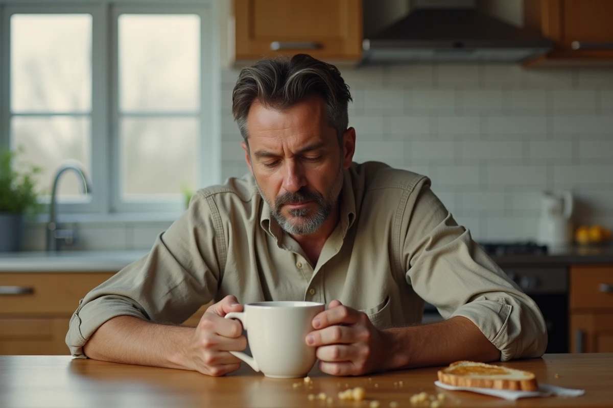 Homme épuisé le matin tenant une tasse de café à la table de cuisine, regard vide malgré une nuit complète de sommeil