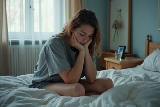 Femme fatiguée assise au bord du lit le matin après une longue nuit de sommeil, les yeux gonflés et l'air épuisé