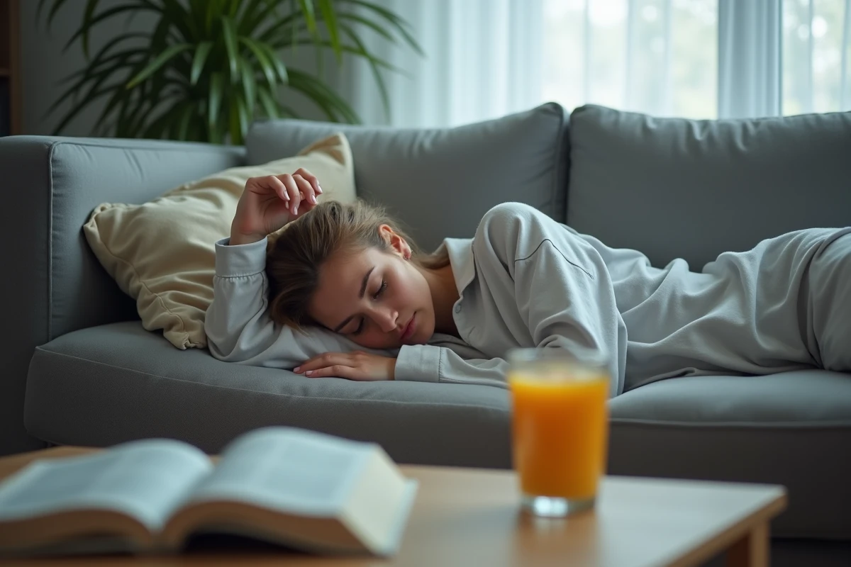 Jeune femme allongée sur le canapé en plein milieu de journée en pyjama, épuisée malgré un long sommeil la nuit précédente