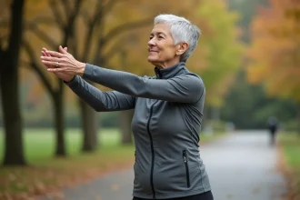Femme de 60 ans qui s'étire dans un parc, illustrant l'activité physique adaptée à l'âge REI 60