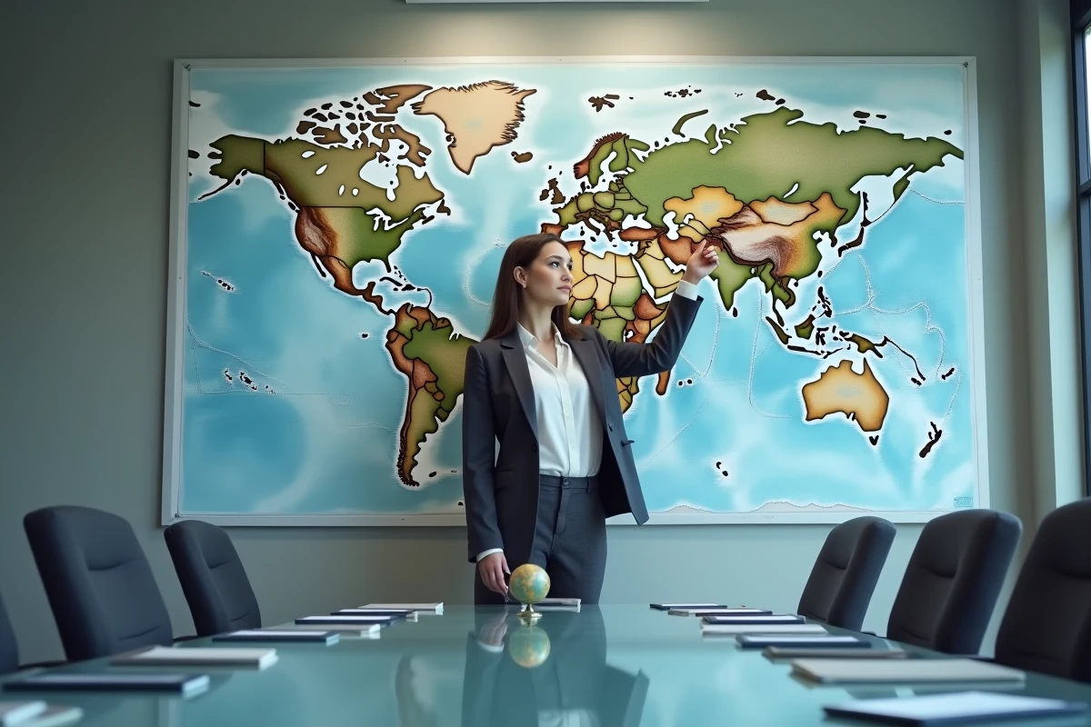Femme d'affaires pointant des territoires fiscaux sur une carte du monde lors d'une réunion, évoquant la question des paradis fiscaux non reconnus par la France
