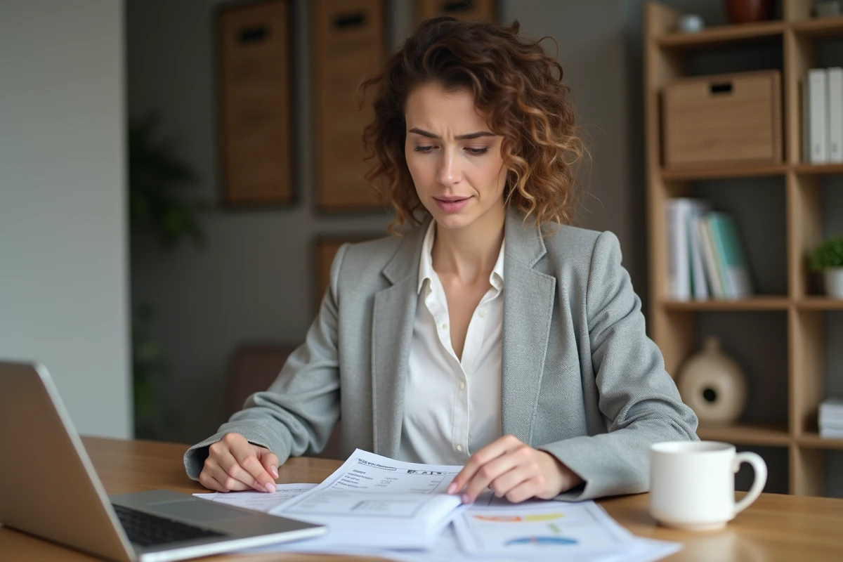 Femme analysant ses relevés bancaires à domicile avec une expression préoccupée