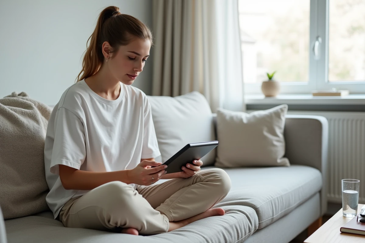 Jeune femme utilisant une application de gestion des tâches sur tablette dans un salon scandinave