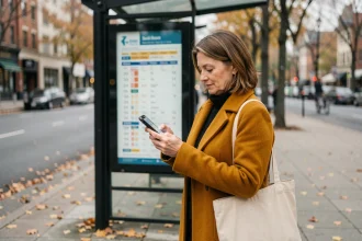 Femme consultant l'horaire 378 sur son smartphone à un arrêt de bus en ville à l'automne