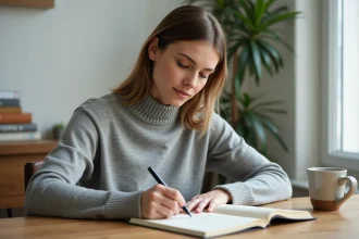 Femme organisée écrivant dans un bullet journal à son bureau en bois dans un bureau à domicile minimaliste