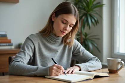 Femme organisée écrivant dans un bullet journal à son bureau en bois dans un bureau à domicile minimaliste