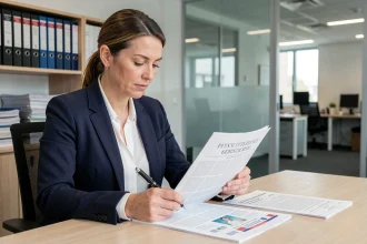 Femme professionnelle consultant une publication du Journal Officiel des Associations et Fondations d'Entreprise (JOAFE) dans un bureau administratif moderne