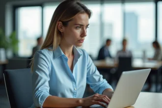 Femme au bureau lisant une politique de confidentialité sur son ordinateur portable, illustrant la compréhension du RGPD en entreprise