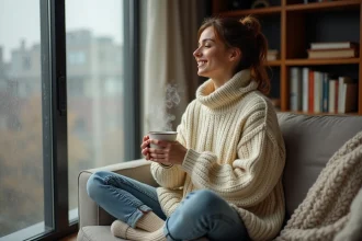 Femme assise sur un canapé en lin tenant une tasse chaude près d'une fenêtre sous la pluie par temps gris