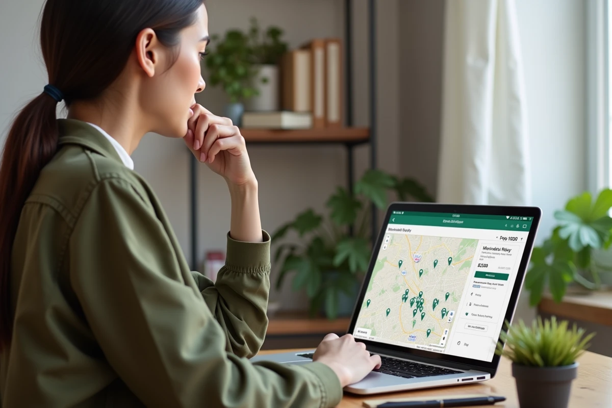 Femme choisissant un point relais Mondial Relay sur une page e-commerce depuis son bureau à domicile