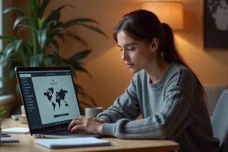 Jeune femme configurant un VPN gratuit sur son ordinateur portable depuis son bureau à domicile
