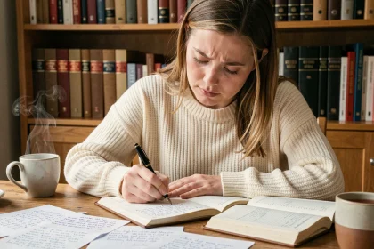 Femme concentrée écrivant dans un cahier avec une règle d'orthographe sur le mot milles, entourée de livres de grammaire