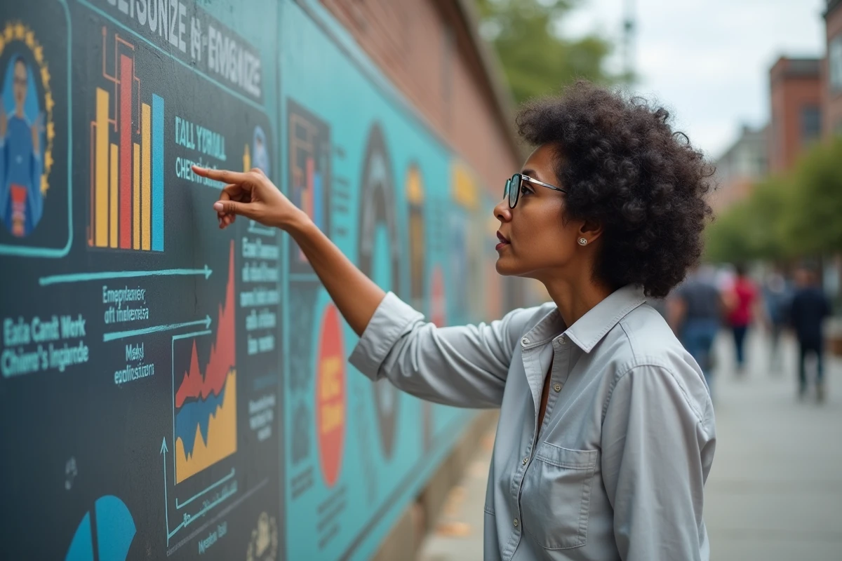 Femme devant une fresque murale urbaine illustrant les inégalités sociales et économiques dans un quartier populaire