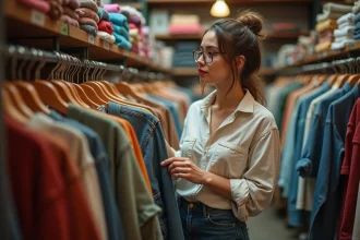 Femme parcourant des vêtements d'occasion dans une friperie vintage colorée et chaleureuse