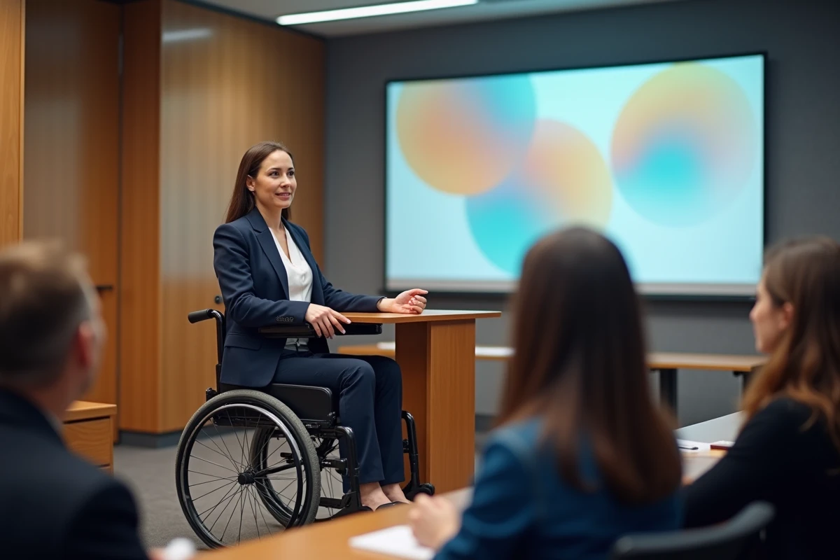 Femme en fauteuil roulant présentant lors d'un séminaire d'entreprise sur l'inclusion et l'accessibilité au travail