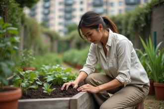 Femme plantant des semis dans un jardin urbain partagé, projet de développement durable communautaire
