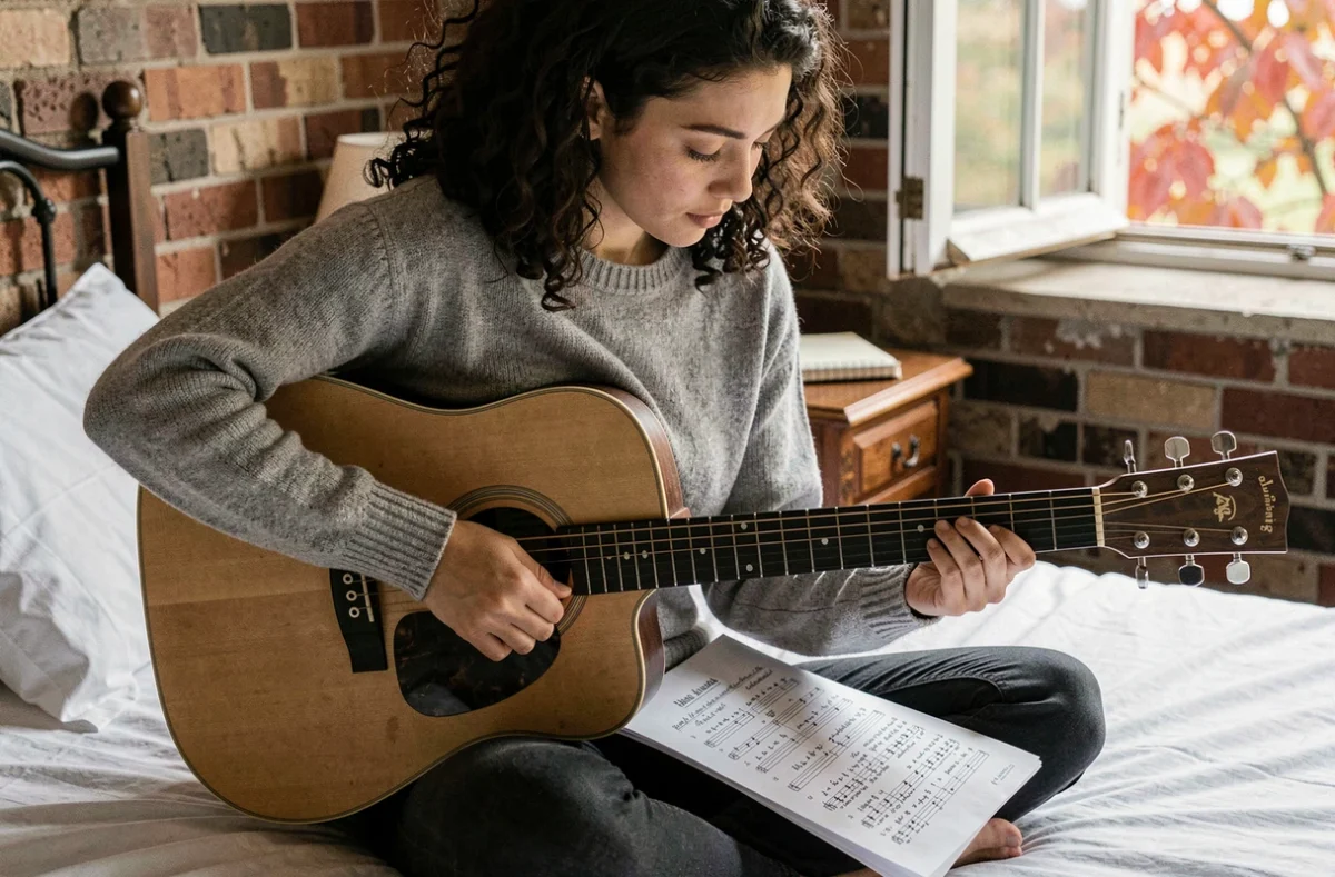 Jeune femme apprenant le picking fingerstyle d'une chanson française sur guitare acoustique dans une chambre cosy