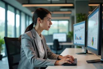 Femme professionnelle utilisant des technologies de l'information et de la communication dans un bureau moderne avec plusieurs écrans