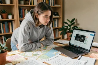 Jeune femme cherchant une solution de room and exit sur un bureau encombré de notes et d'une carte d'escape game