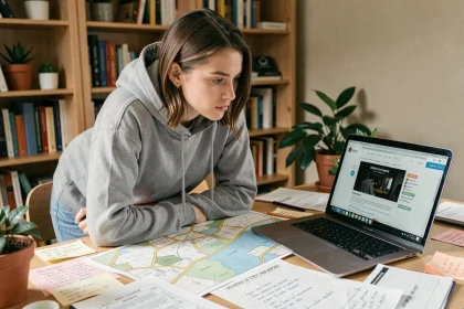 Jeune femme cherchant une solution de room and exit sur un bureau encombré de notes et d'une carte d'escape game