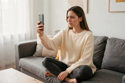 Jeune femme regardant furtivement des stories Instagram sur son smartphone depuis son canapé à la maison