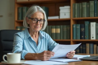 Femme retraitée qui consulte ses documents administratifs pour partir à la retraite à son bureau à domicile