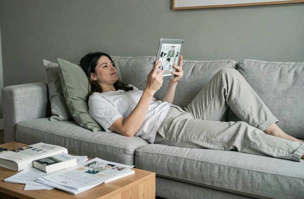 Femme lisant des scans manga en français sur une tablette allongée sur un canapé dans un salon moderne