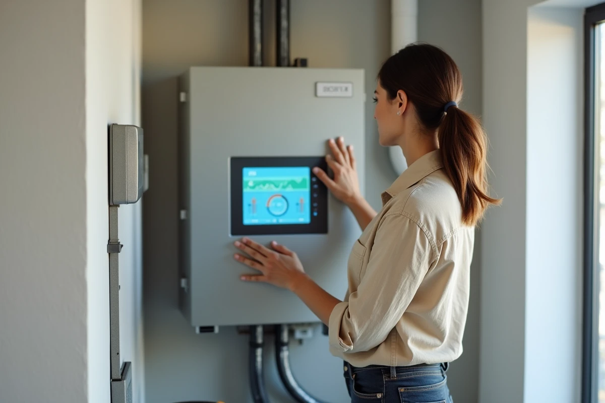 Femme consultant un tableau de bord de suivi de production solaire et de stockage d'énergie à domicile