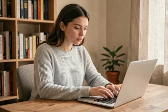 Jeune femme concentrée qui tape un message sur son ordinateur portable, illustrant la question de l'orthographe correcte entre tu m'envoies et tu m'envois