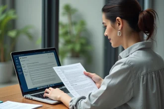 Femme professionnelle comparant des traductions en plusieurs langues sur un ordinateur portable dans un bureau moderne