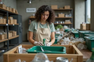 Femme triant des matériaux recyclables dans un centre de recyclage moderne illustrant l'économie circulaire