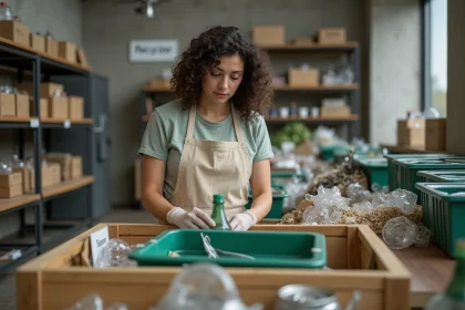Femme triant des matériaux recyclables dans un centre de recyclage moderne illustrant l'économie circulaire
