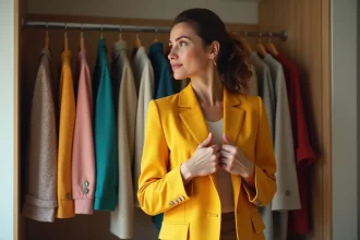 Femme souriante tenant un blazer jaune devant son armoire ouverte, illustrant l'influence des vêtements sur l'humeur