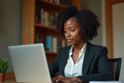 Femme consultant le site infos-discriminations.fr sur un ordinateur portable pour se renseigner sur ses droits en tant que victime de discrimination