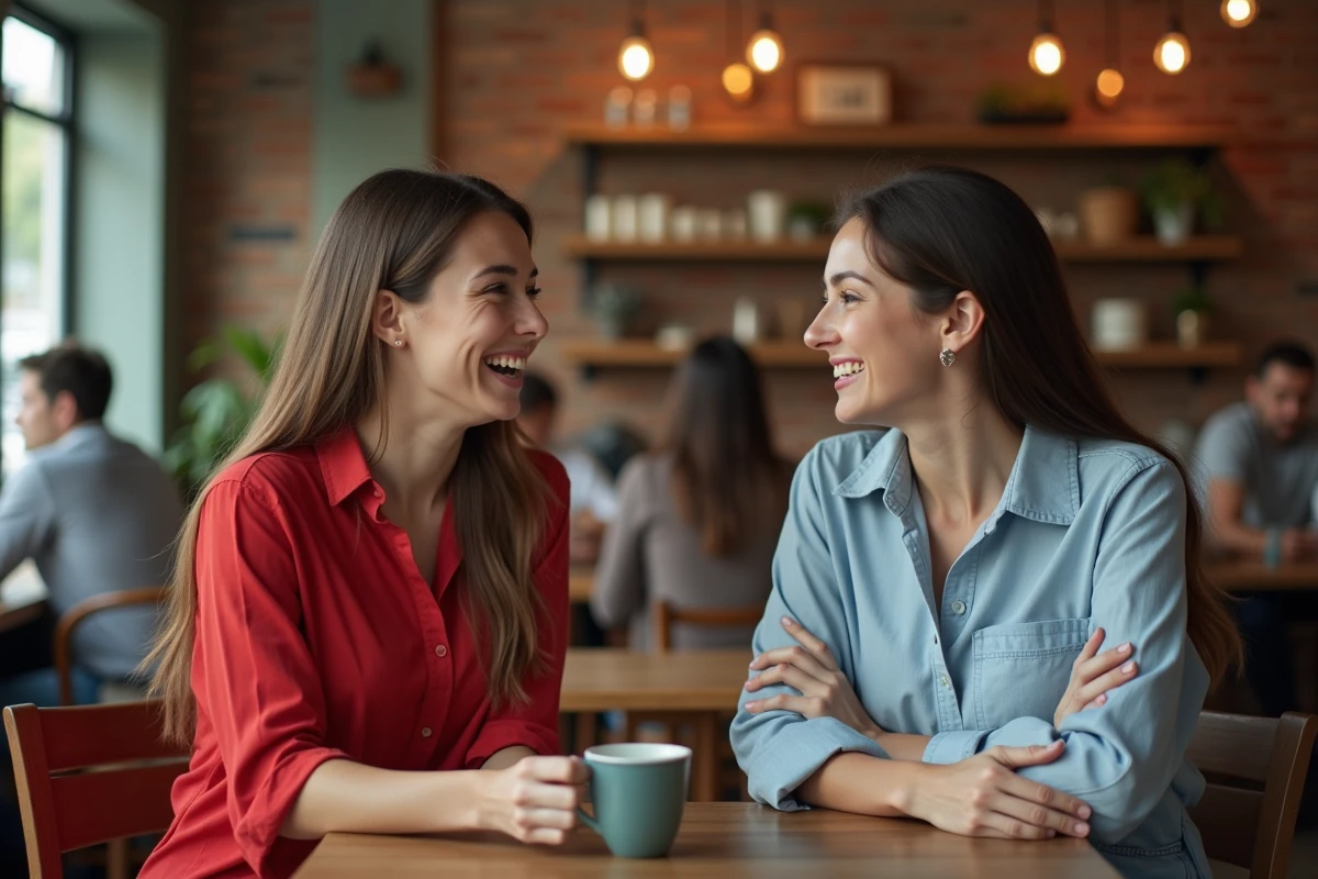Deux jeunes femmes riant dans un café, leurs tenues colorées contrastées illustrant comment les vêtements influencent l'humeur et l'énergie