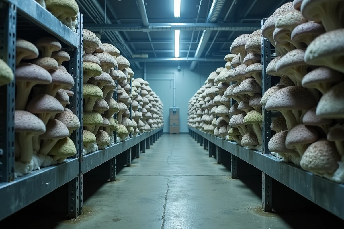 Ferme urbaine de champignons en entrepôt, culture verticale sans soleil dans un espace industriel