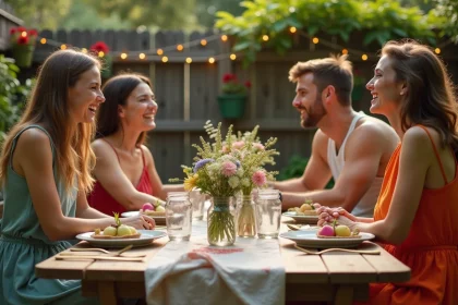 Groupe de jeunes adultes réunis autour d'une table décorée de façon simple et créative pour une fête en plein air à petit budget