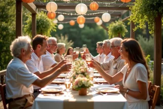 Groupe d'amis célébrant un anniversaire de 50 ans dans un jardin festif avec décoration dorée
