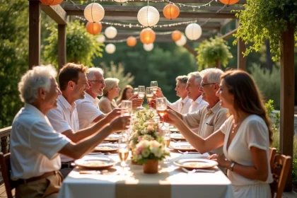 Groupe d'amis célébrant un anniversaire de 50 ans dans un jardin festif avec décoration dorée