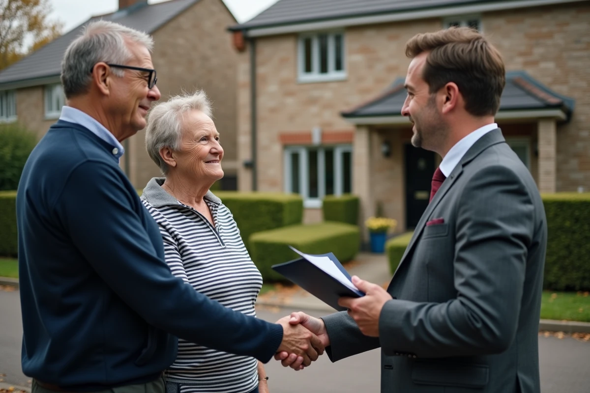 Couple et conseiller bancaire célébrant la fin du remboursement d'un crédit immobilier