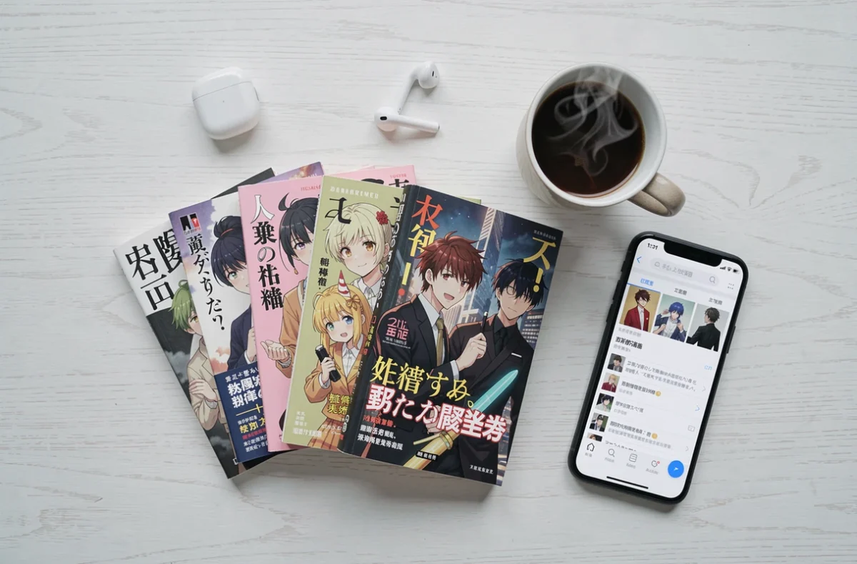 Flat lay de manhwas et mangas posés sur une table blanche avec smartphone affichant une application de lecture de scans