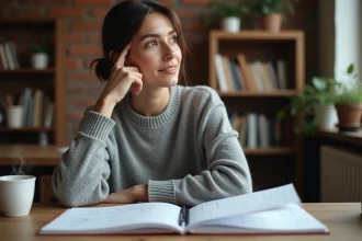 Femme concentrée illustrant le fonctionnement cognitif et la réflexion mentale dans un bureau minimaliste