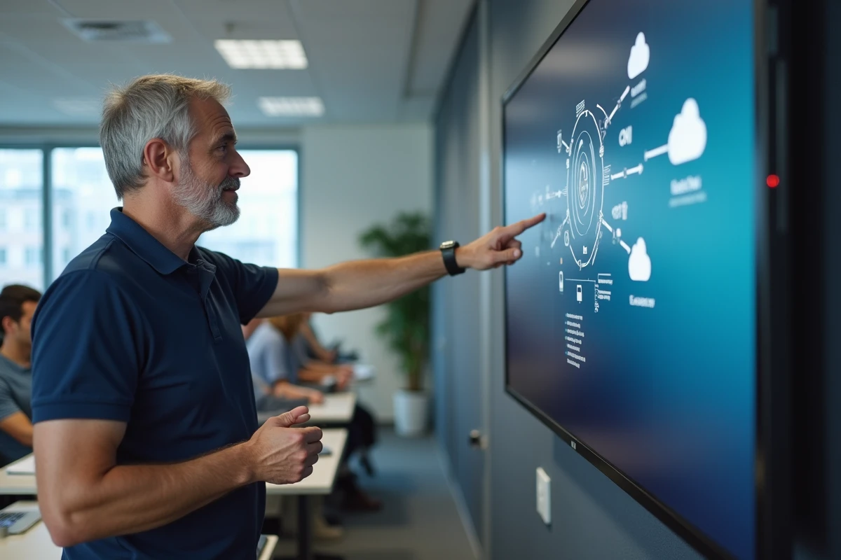 Formateur présentant les technologies de l'information et de la communication sur un écran interactif devant un groupe de professionnels