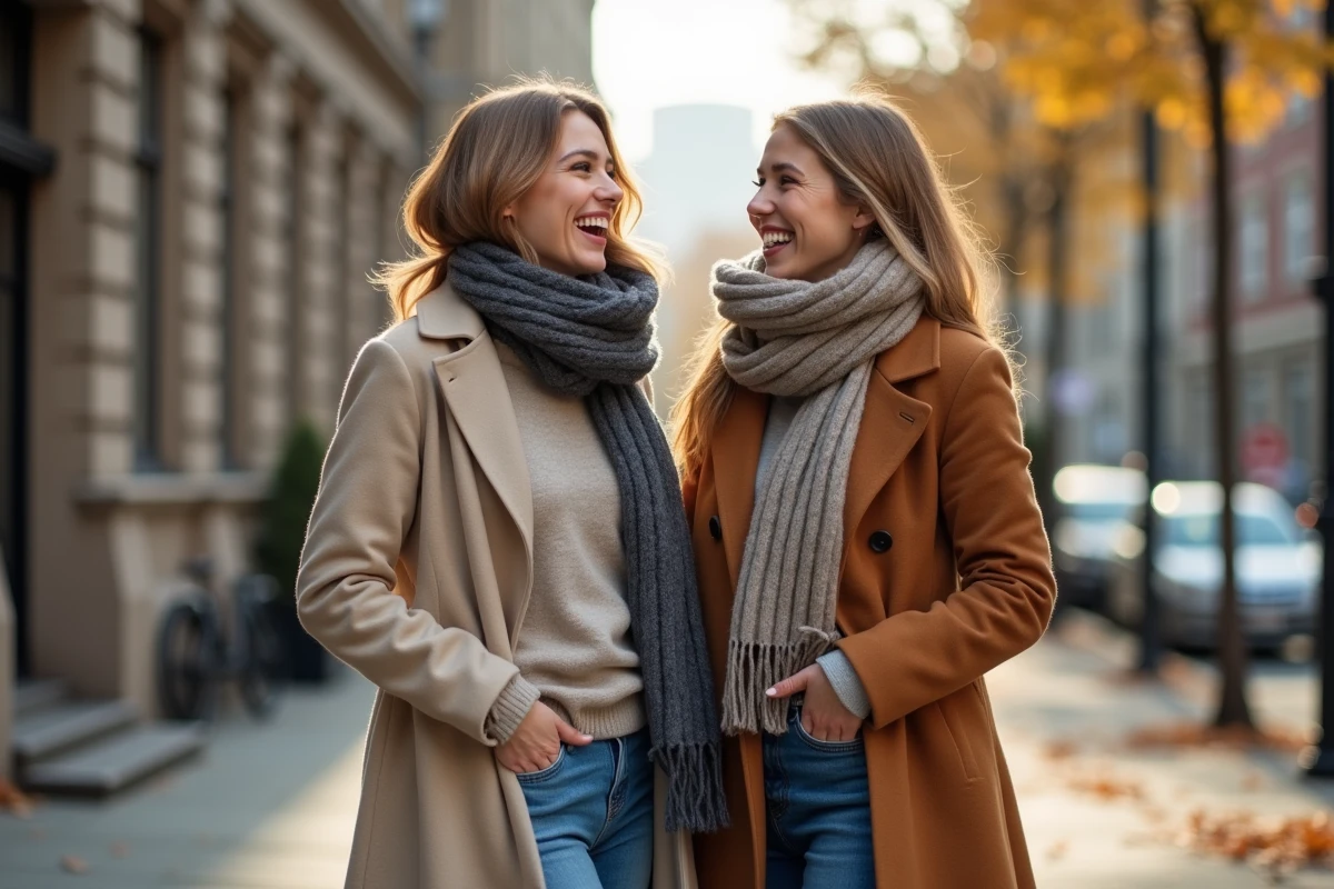 Deux femmes comparant leurs foulards colorés dans une rue de ville en automne, mettant en valeur l'accessoire comme pièce maîtresse d'une tenue