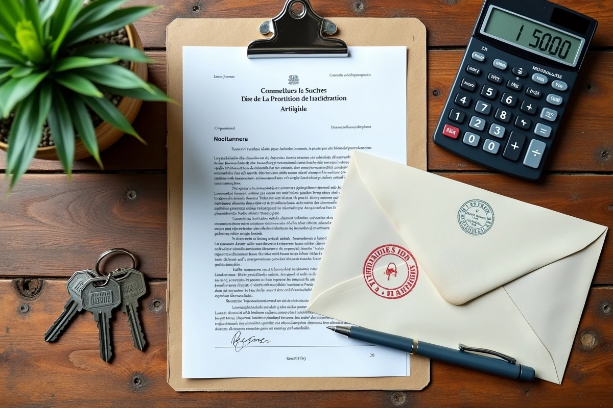 Vue de dessus d'un acte notarié, d'une calculatrice et de clés de maison représentant les frais de notaire pour 200 000 euros